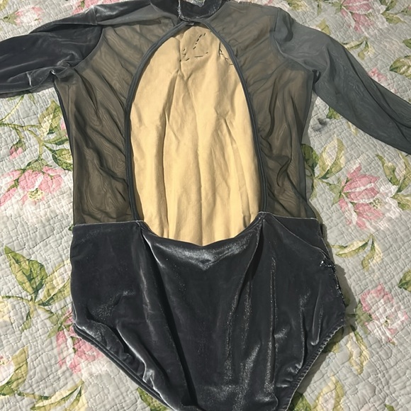 Ilógea leotard body suit gray/ silver long sleeve mesh appliquéd sz l custom - Picture 2 of 8